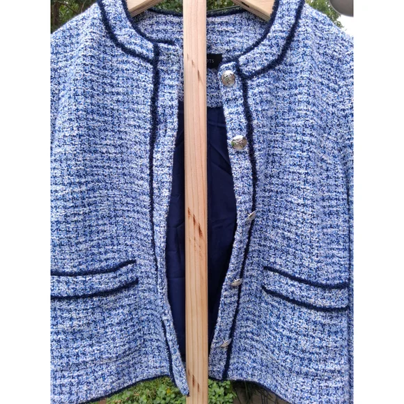💕EUC TALBOTS Tweed Jacket, Blazer, SZ.10 Navy Blue White Silver - Picture 7 of 12